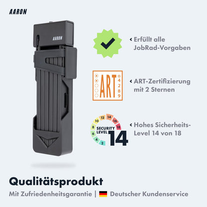 AARON Shield Fahrradschloss - sicheres Faltschloss Stufe 14, patentiertes Hochsicherheitsschloss mit Halterung - leichtes Fahrrad schloss mit Schlüssel für E-Bike, Rennrad, Motorrad, MTB in schwarz