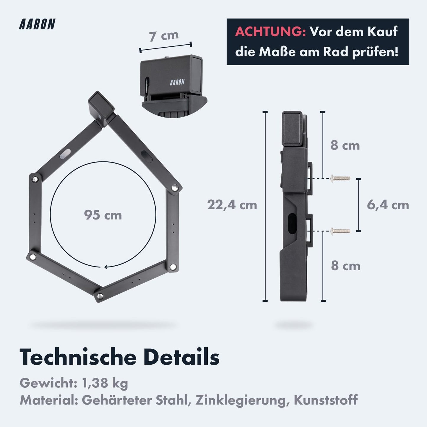 AARON Shield Fahrradschloss - sicheres Faltschloss Stufe 14, patentiertes Hochsicherheitsschloss mit Halterung - leichtes Fahrrad schloss mit Schlüssel für E-Bike, Rennrad, Motorrad, MTB in schwarz
