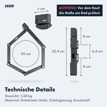 AARON Shield Fahrradschloss - sicheres Faltschloss Stufe 14, patentiertes Hochsicherheitsschloss mit Halterung - leichtes Fahrrad schloss mit Schlüssel für E-Bike, Rennrad, Motorrad, MTB in schwarz