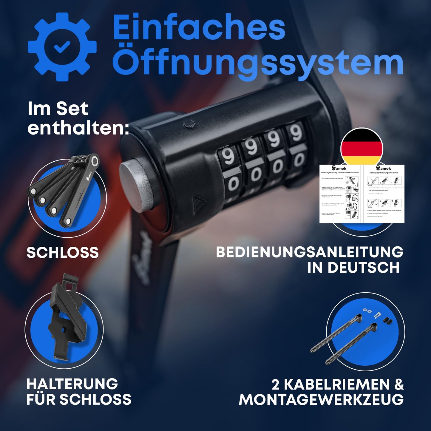 Samok® Fahrradschloss Zahlenschloss 4-stelligem Code 120cm inkl. Halterung - Faltschloss Fahrrad Stahl faltbar mit Nummern & Zahlen - HOHE SICHERHEIT LEVEL 10 - Diebstahlsicher E-Bike & MTB-Bike Lock
