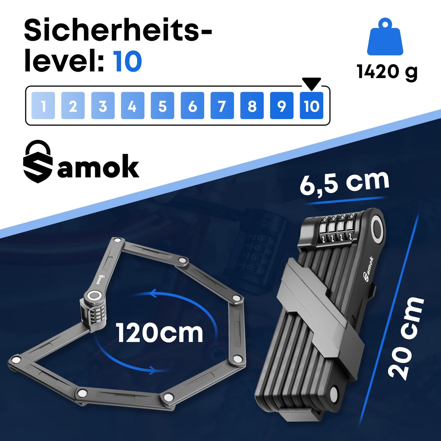 Samok® Fahrradschloss Zahlenschloss 4-stelligem Code 120cm inkl. Halterung - Faltschloss Fahrrad Stahl faltbar mit Nummern & Zahlen - HOHE SICHERHEIT LEVEL 10 - Diebstahlsicher E-Bike & MTB-Bike Lock