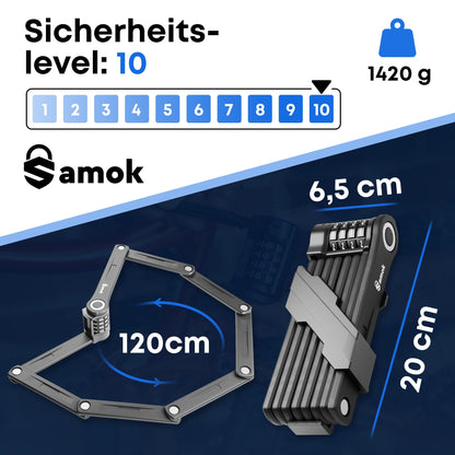 Samok® Fahrradschloss Zahlenschloss 4-stelligem Code 120cm inkl. Halterung - Faltschloss Fahrrad Stahl faltbar mit Nummern & Zahlen - HOHE SICHERHEIT LEVEL 10 - Diebstahlsicher E-Bike & MTB-Bike Lock