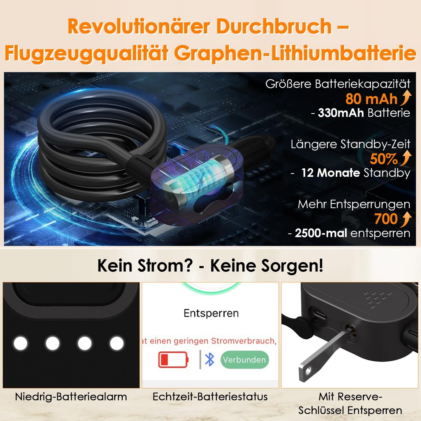 Anweller Fahrradschloss Fingerabdruck mit 2 Schlüssel, Fahrrad Kabelschlösser Hohe Sicherheit Anti-Diebstahl mit Halterung, Bike Lock Wasserdichtes 12mmx150cm
