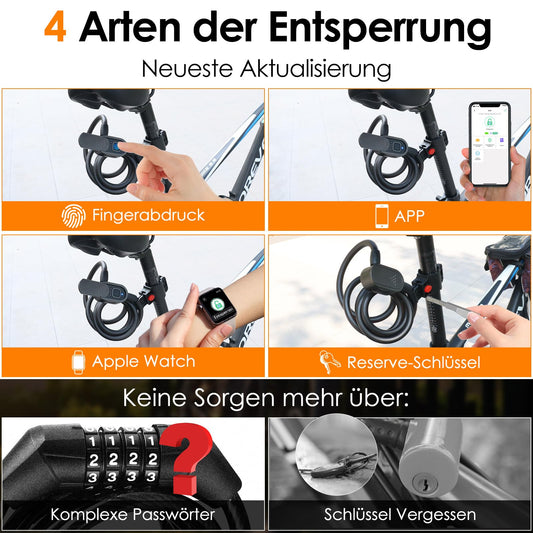 Anweller Fahrradschloss Fingerabdruck mit 2 Schlüssel, Fahrrad Kabelschlösser Hohe Sicherheit Anti-Diebstahl mit Halterung, Bike Lock Wasserdichtes 12mmx150cm