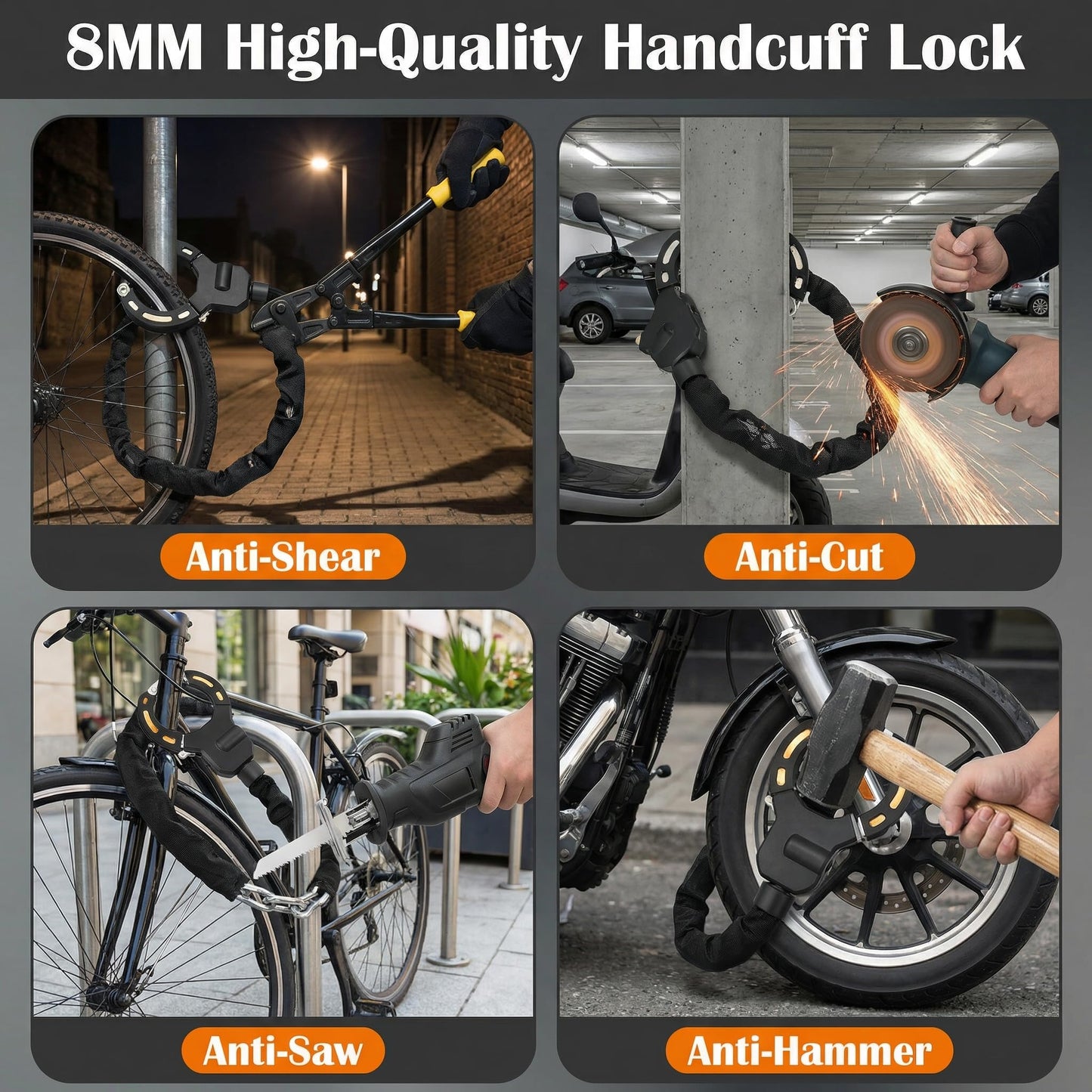UROUK E Scooter Schloss mit 3 Schlüssel,8mm Handschellenschloss,Escooter Schloss Diebstahl Sicher, 88cm E Roller Schloss