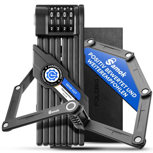 Samok® Fahrradschloss Zahlenschloss 4-stelligem Code 120cm inkl. Halterung - Faltschloss Fahrrad Stahl faltbar mit Nummern & Zahlen - HOHE SICHERHEIT LEVEL 10 - Diebstahlsicher E-Bike & MTB-Bike Lock