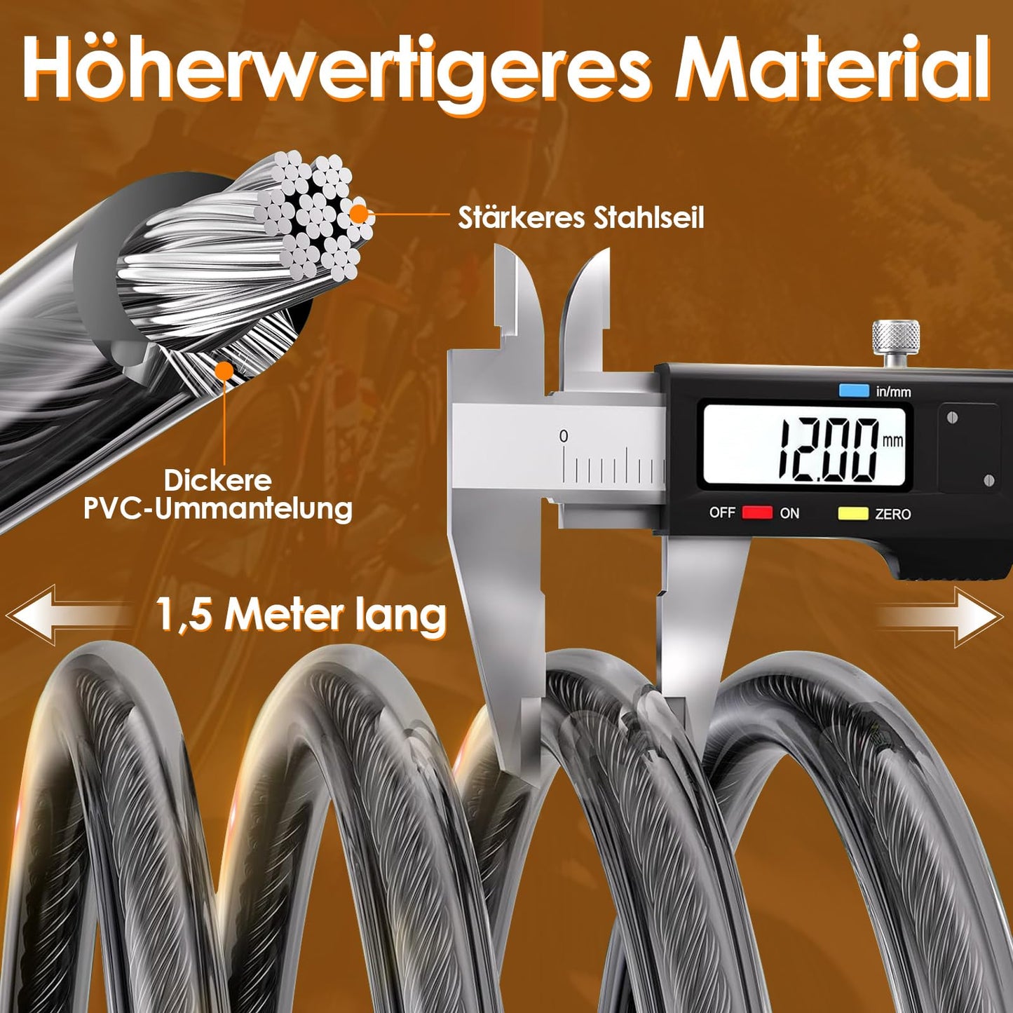 Anweller Fahrradschloss Fingerabdruck mit 2 Schlüssel, Fahrrad Kabelschlösser Hohe Sicherheit Anti-Diebstahl mit Halterung, Bike Lock Wasserdichtes 12mmx150cm