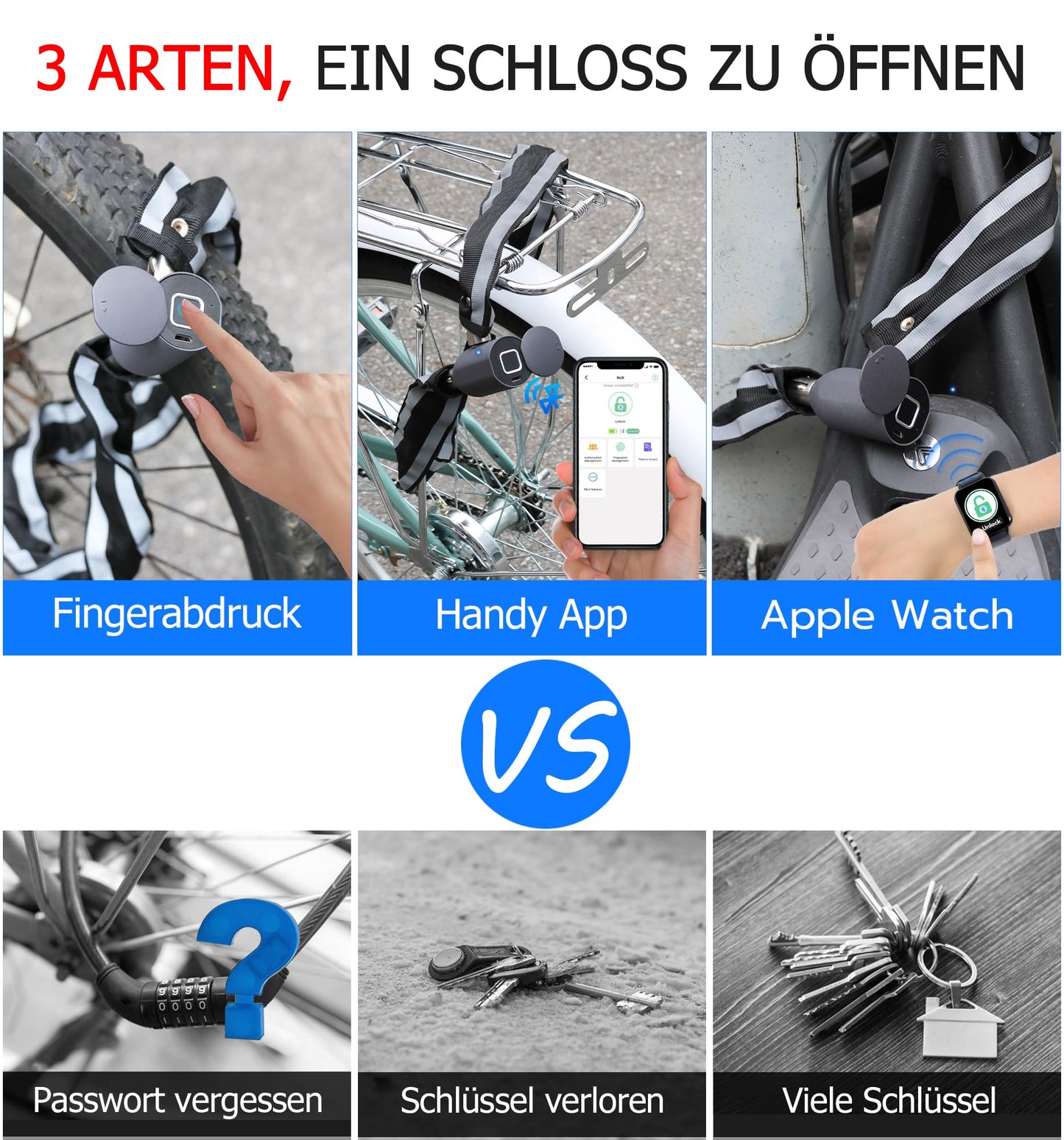 Elektronisches Kettenschloss eLinkSmart Fahrradschloss Fingerabdruck mit Fingerabdruck App 100 cm Länge wasserdicht schlüsselloses Kabelschloss Autorisiertes Entsperren aus der Ferne Aktualisierte