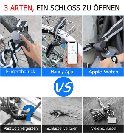 Elektronisches Kettenschloss eLinkSmart Fahrradschloss Fingerabdruck mit Fingerabdruck App 100 cm Länge wasserdicht schlüsselloses Kabelschloss Autorisiertes Entsperren aus der Ferne Aktualisierte