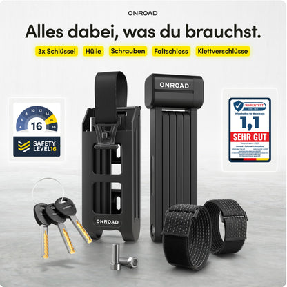 ONROAD Faltschloss Fahrrad Onlock Pro 85cm diebstahlsicher – Fahrradschloss hohe Sicherheit – Robustes & kompaktes Fahrradschloss Faltschloss mit Halterung – Fahrrad Schloß ideal für E-Bike