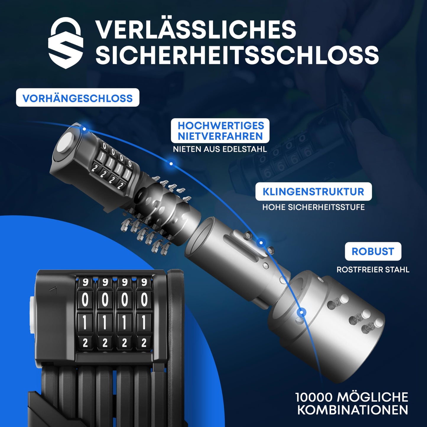 Samok® Fahrradschloss Zahlenschloss 4-stelligem Code 120cm inkl. Halterung - Faltschloss Fahrrad Stahl faltbar mit Nummern & Zahlen - HOHE SICHERHEIT LEVEL 10 - Diebstahlsicher E-Bike & MTB-Bike Lock