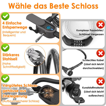 Anweller Fahrradschloss Fingerabdruck mit 2 Schlüssel, Fahrrad Kabelschlösser Hohe Sicherheit Anti-Diebstahl mit Halterung, Bike Lock Wasserdichtes 12mmx150cm