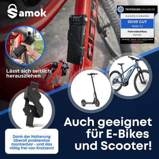 Samok® Fahrradschloss Zahlenschloss 4-stelligem Code 120cm inkl. Halterung - Faltschloss Fahrrad Stahl faltbar mit Nummern & Zahlen - HOHE SICHERHEIT LEVEL 10 - Diebstahlsicher E-Bike & MTB-Bike Lock