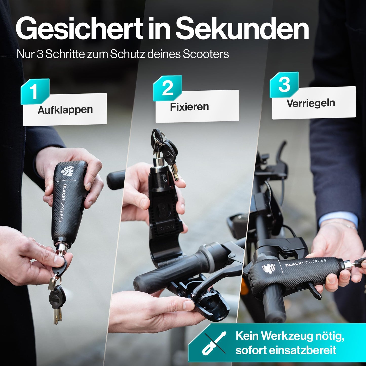 BLACKFORTRESS E Scooter Schloss & Fahrrad Schloss mit 120dB Alarmfunktion Diebstahlsicher Wasserdicht | E-scooter Zubehör Smart Lock E Roller Schloss Accessories Gadget Ebike hohe Sicherheit